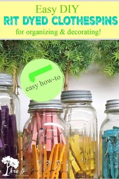 mason jar filled with clothes pins sitting on top of a shelf next to other jars