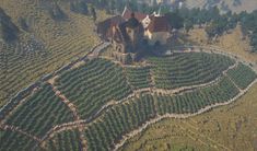 an aerial view of a castle in the middle of a field with trees around it