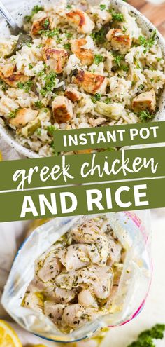 instant pot greek chicken and rice with lemons, parsley and parsley on the side