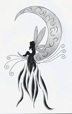 a drawing of a fairy sitting on the moon with her hair blowing in the wind