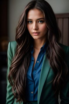 a woman with long brown hair wearing a green blazer and blue shirt is looking at the camera