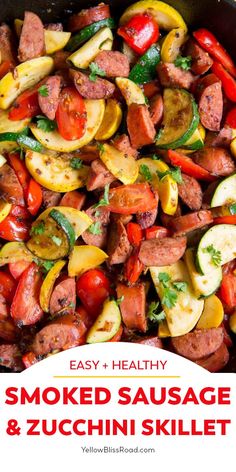 sausage and zucchini skillet with text overlay