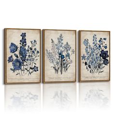 three framed paintings with blue flowers on them