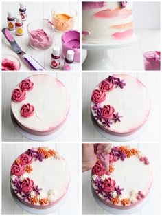 the process to make a cake with flowers on it is shown in four different stages