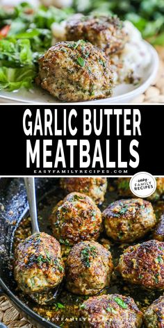 garlic butter meatballs in a skillet with broccoli