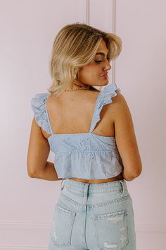 You won't find a more on trend summer piece than our cute sky blue 'Cabo Beaches' top featuring lightweight material with delicate eyelet detailing, a v-cut neckline with a front tie detail, ruffled cap sleeves that continue down the v-cut neckline, and a flirty cropped silhouette with a straight hemline! on products Measurements S : Bust 28", Length 15", Waist 32". M : Bust 30", Length 15", Waist 34". L : Bust 32", Length 16", Waist 36". Cute Sky, V Cut, V Cuts, Sky Blue, Cap Sleeves, Blue Sky, Crop Top, Crop Tops, Luxury Fashion