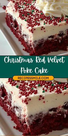 christmas red velvet poke cake with white frosting and sprinkles on top