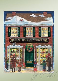 a painting of people standing in front of a store with christmas decorations on the windows