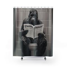 a gorilla sitting on top of a toilet reading a newspaper while holding a monkey's paw