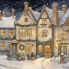 a painting of a house in the snow with christmas lights on it's windows