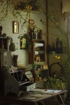 a room with many plants and pictures on the wall, including an old typewriter