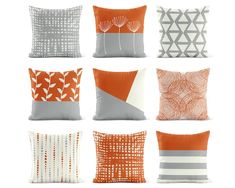 six orange and grey pillows with different designs on them, all in various shapes and sizes