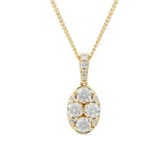 A classic design with a modern shape, this diamond pendant is an accessory you'll wear with everything. Crafted in 14K gold, this flattering look showcases an oval-shaped composite of round diamonds - the largest a quartet of 1/10 ct. stones. Additional diamonds shimmer along the bail. Captivating with 1/2 ct. t.w. of diamonds and a brilliant buffed luster, this pendant suspends along a 16.0-inch curb chain, with 2.0-inch extender, that secures with a lobster claw clasp. Classic Oval Pendant Diamond Necklace For Wedding, Elegant Oval Diamond Pendant Necklace, Classic Oval Pendant Diamond Necklace For Formal Occasions, Formal Yellow Gold Diamond Necklace With Oval Pendant, Classic Oval Pendant Diamond Necklace For Formal Events, Oval Diamond Necklace With Diamond Accents, Oval Diamond Necklace With Accents For Anniversary, Elegant Oval Link Diamond Necklace, Timeless Oval Pendant Diamond Necklace With Accents