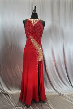 a red dress with gold sequins on it