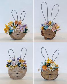 four different pictures of an animal with flowers in it's ears and headdress