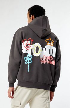 Step up your hoodie game with the Home Grown Hoodie from PacSun. This hoodie features a fixed hood, long sleeves, a kangaroo pocket, a standard fit, and a soft fleece fabrication for ultimate comfort. The puff graphics on the front and back add a touch of style, making it the perfect choice for a cozy and trendy look.


	Hooded neckline
	Long sleeves
	Standard fit
	Kangaroo pocket
	Puff graphics front & back
	50% Cotton, 50% polyester
	Machine washable
	Model is wearing size medium
	Model Measurements: 6'2” Height, 28" Waist, 32” Inseam Sleeve Print Hoodie, Multi Colored Hoodie, Sweatshirts For Men Casual Styles, Men’s Graphic Hoodie, Trending Hoodie Designs, Back Of Sweatshirt Designs, Men Hoodies Aesthetic, Aesthetic Hoodies Men, Cool Hoodies Mens