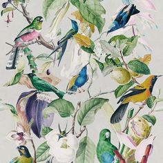 a painting of birds sitting on top of green leaves