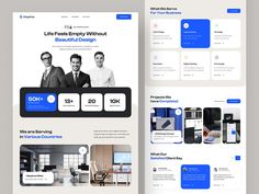 two page brochure design for a company with blue and white accents on it