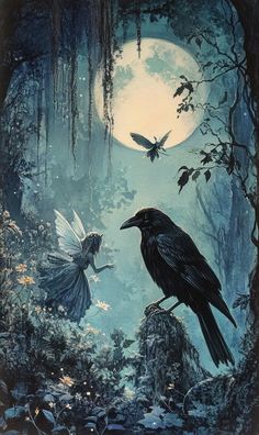 two black birds standing in the middle of a forest next to a full moon and flying bats