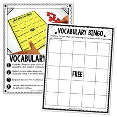 two printable worksheets with the words vocably bingo and freebie