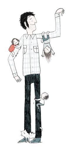 a drawing of a man holding two children in his arms and an adult standing next to him