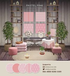 the pastel pink collection is displayed in front of a table with chairs and potted plants