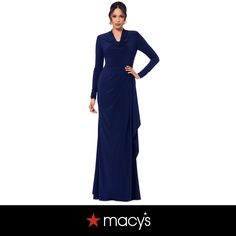 in stock Formal Gown With Draped Long Sleeves, Fitted Long Sleeve Gown With Draped Sleeves, Elegant Blue Maxi Dress With Draped Sleeves, Navy Fitted Long Sleeve Maxi Dress, Fitted Long Sleeve Pre-draped Gown, Stretch V-neck Long Sleeve Dress For Evening, Blue Fitted Maxi Dress With Cape Sleeves, Elegant Navy V-neck Maxi Dress, Long Sleeve Gown