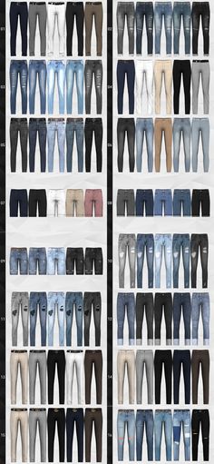 an image of men's jeans in different colors and sizes on display for sale