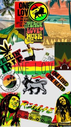 a collage of various stickers and logos on a white surface with palm trees in the background