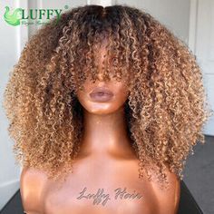 Blonde Afro Kinky Curly Wig Highlight Human Hair Machine Made Scalp Top Wig With Bangs Brazilian Ombre Blonde Wigs. Texture: Kinky Curly. Feature: Hair can be straightened and curled, can be dyed bleached. Crochet With Bangs, Honey Blonde Curly Wig, Blonde Highlights On Curly Hair, Ombre Wigs For Black Women, Fall Wigs, Fluffy Wig, Ciara Hair, Black To Blonde Hair, Natural Curly Wig