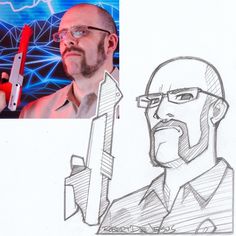 a drawing of a man with glasses holding a pen and pointing at something in front of him