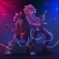 two cartoon characters are playing guitar together