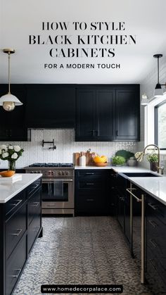 a kitchen with black cabinets and white counter tops