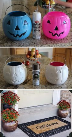 halloween decorations made out of pumpkins and potted plants