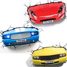 three different colored sports cars are shown through the cracks in this wallpapered photo