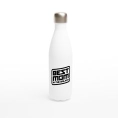 a white water bottle with the words best mom on it and a silver cap is shown