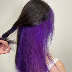 Black And Purple Underneath Hair, Purple Under Black Hair, Purple Bottom Hair, Split Dyed Hair Underneath Purple, Underside Hair Dye Purple, Bottom Half Dyed Hair Purple, Dark Purple Underdye Hair, Purple Underhair, Underhair Dye Purple