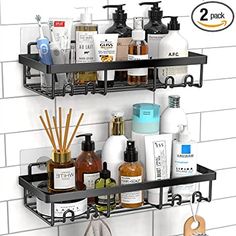 two tiered shelfs with soap, shampoo and lotion