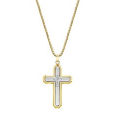 Crafted with gold tone ion-plated stainless steel and diamond details, this LYNX cross pendant necklace has a distinguished style just for you. Crafted with gold tone ion-plated stainless steel and diamond details, this LYNX cross pendant necklace has a distinguished style just for you. Clasp: lobster-claw Metal: stainless steel Chain length: 24 in. Packaging: boxed Plating: gold tone ion plated Finish: polished Pendant: 1.85 in. x 1.18 in. Chain type: boxDIAMOND DETAILS Total weight: less than Lynx, Cross Pendant Necklace, Stainless Steel Chain, Chain Lengths, Cross Pendant, Cross Necklace, Two Tone, Jewelry Watches, Gold Tones