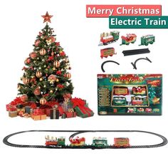 a christmas tree and train set with presents