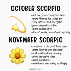 a poster with the words november scorpio and an image of a yellow flower