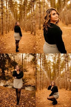 a woman is posing in the woods with her hands on her hips