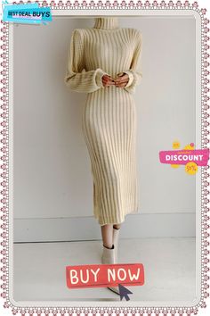 Long Sleeve Plain Elegant Regular Fit Midi Dress Beige Long Sleeve Midi Dress For Winter, Beige Non-stretch Midi Dress For Fall, Long Cream Sweater Dress For Spring, Cream Long Sweater Dress For Spring, Chic Beige Winter Maxi Dress, Casual Beige Maxi Dress For Winter, Beige Sheath Dress For Fall, Casual Long Cream Midi Dress, Fitted Midi Dress