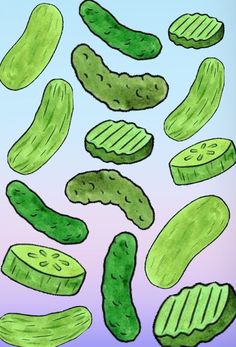 a drawing of cucumbers on a purple and blue background