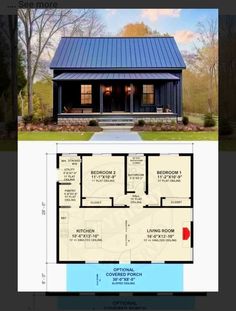 the floor plan for a small cabin with two bedroom and an attached porch, is shown in