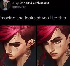 two pictures of an anime character with pink hair and piercings, one has the caption imagine she looks at you like this