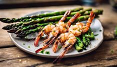 asparagus and shrimp on a white plate