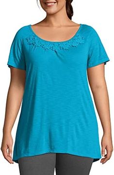 ust My Size Women's Shirt, Plus Size Short-Sleeve Slub Jersey Women's Tunic, JMS Short Sleve Shirt With Crochet Trim
#Womendress #Dresses Easy Clothing, Ann Wood, Daisy Design, Crochet Collar, Lace Patchwork, Sleeves Clothing