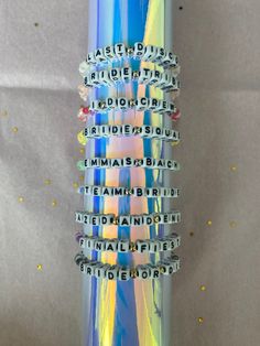 a multicolored tube with words written on it