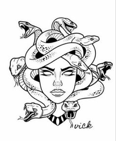 a black and white drawing of a woman with snakes on her head